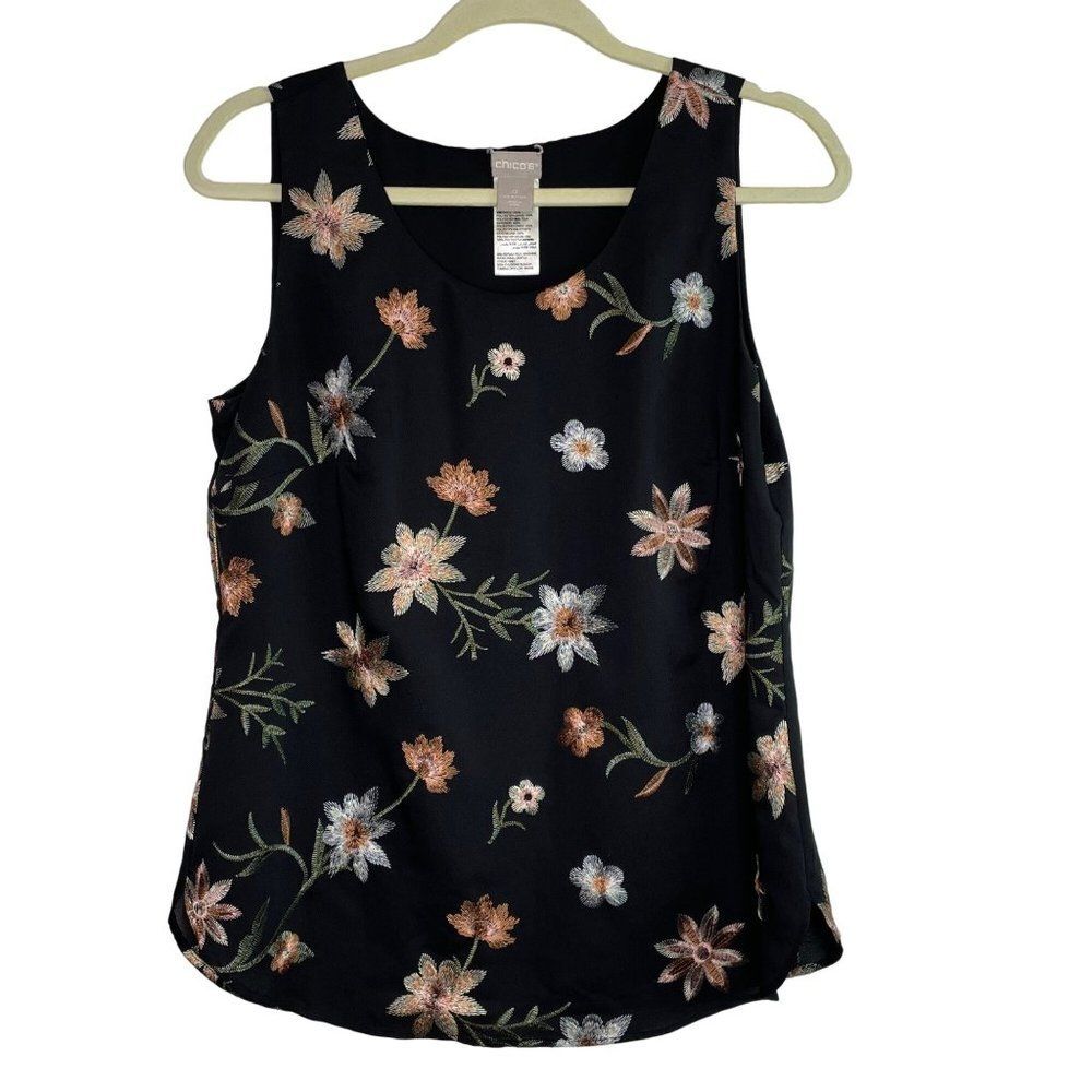 Chicos Top Embroidered Floral Tank Blouse Sleeveless Garden Cottagecore Size 0 S